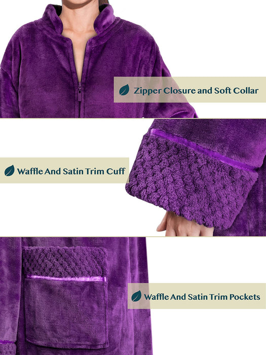 PAVILIA Womens Housecoat Zip Robe, Fleece Zip Up Front Robe Bathrobe, Plush Warm Zipper House Coat Lounger for Women Ladies Elderly with Satin Trim, Pockets, Long Plus Size - Purple (2x/3x)