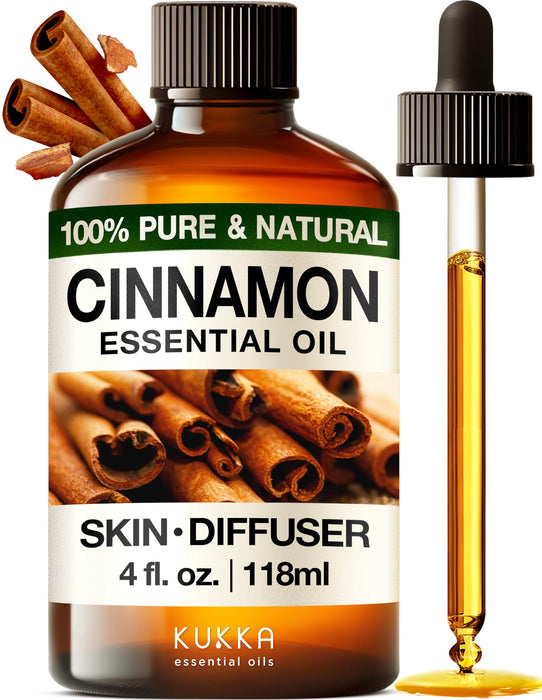 Kukka essential oils Cinnamon Essential Oil for Diffuser - 4 Fl Oz - 100% Pure Natural Cinnamon Bark Oil for Skin, Aromatherapy, Candles & DIY Soap Making Scents - Warm, Spicy, Sweet & Aromatic