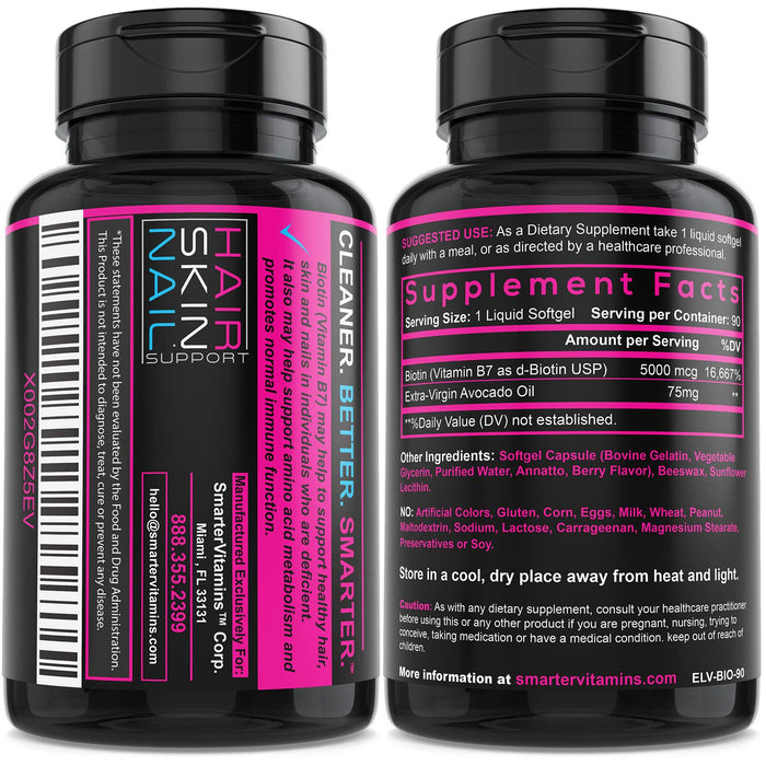 (2 Pack) Smarter Biotin 5000mcg in Avocado Oil, Vitamin B7, Hair, Skin & Nail Support, Non-GMO, 90 Mini Liquid Softgels, No Soy