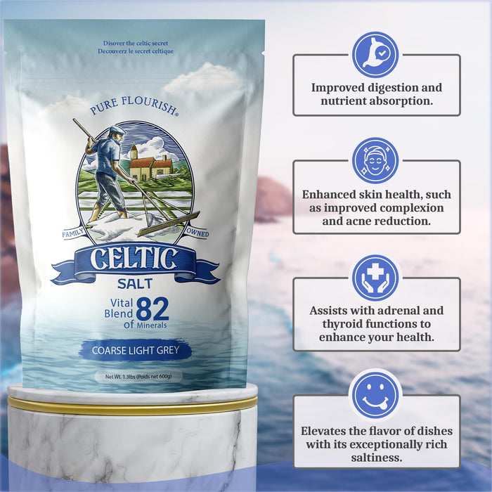 Pure Flourish Celtic Salt - 600g | 100% Organic Unrefined Celtic Salt | Rich in 82+ Essential Minerals | Hand Harvested Light Grey Celtic Salt Crystals from France