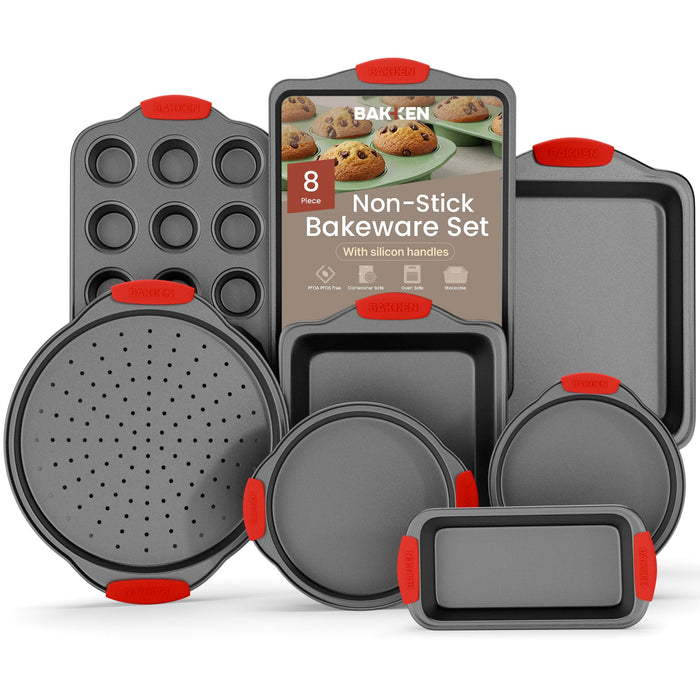 BAKKENMASTER Baking Set – 8 Piece Kitchen Oven Bakeware Set – Deluxe Non-Stick Black Coating Inside and Outside – Carbon Steel – Red Silicone Handles – PFOA PFOS and PTFE Free by Bakken