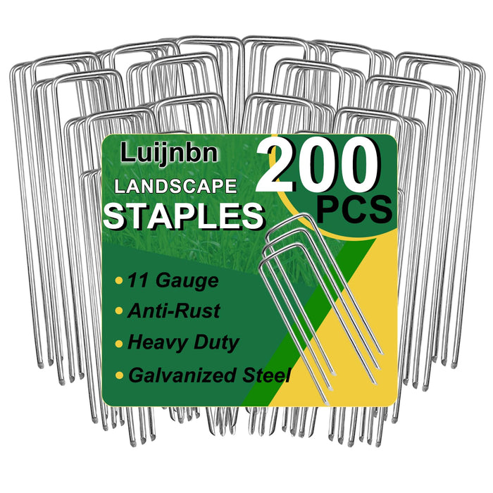 Luijnbn 200 Pack Lawn Staples, Premium Garden Landscape Staples, Galvanized Heavy-Duty Gauge Stakes, U-Shaped Tent Stakes, Anti-Rust Fence Netting Pins Ground Spikes, Sod Pins