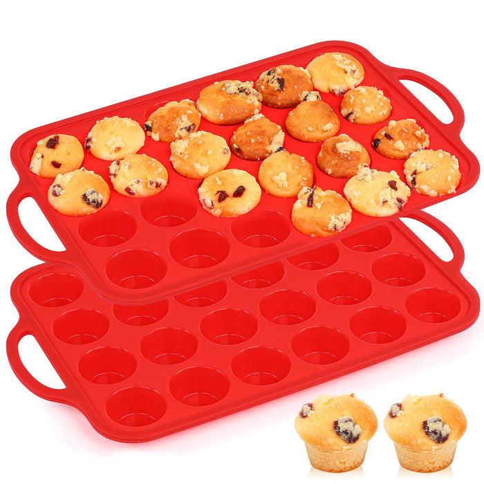 AOTASO Silicone Mini Muffin Pan With Stainless Steel Reinforced Frame 24 Cups Nonstick Cupcake Molds for Baking Silicone Muffin Tray with Handles(2 Pcs, Red)