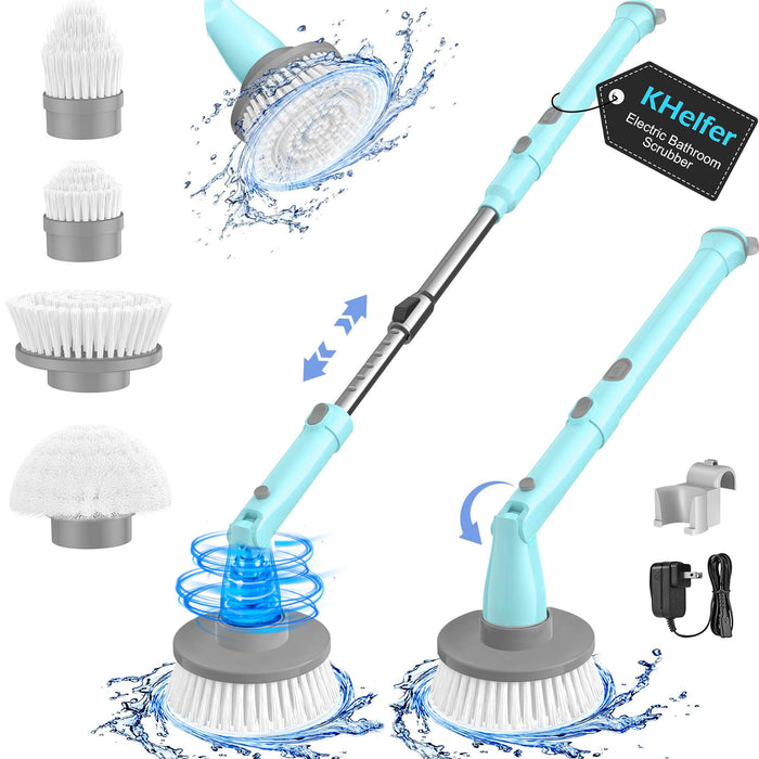 kHelfer Electric Spin Scrubber Kh8,Cordless Shower Scrubber, 4 Replacement Head, 1.5H Bathroom Scrubber Dual Speed, Shower Cleaning Brush with Extension Arm for Bathtub Tile Floor