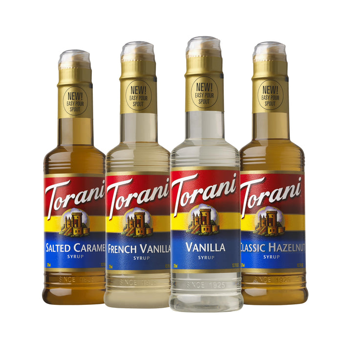 Torani Syrup, Cafe Variety Pack, 4 12.7 Ounce Bottles (Vanilla, Salted Caramel, Classic Hazelnut, French Vanilla)