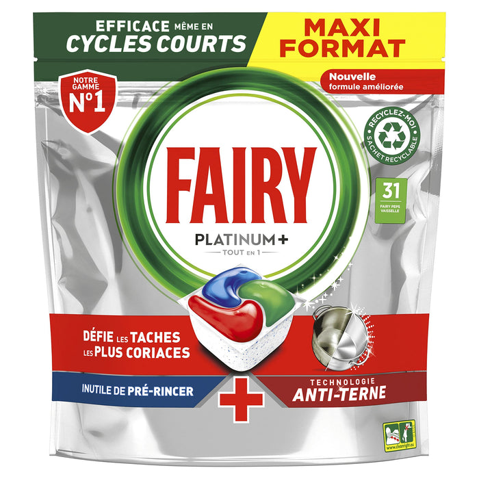 FAIRY Platinum Plus Tablettes Lave-Vaisselle All In One, Original, Nettoyage Optimal Pour Une Vaisselle Propre Comme Neuve, Redonne De L’Éclat Et Prévient Le Calcaire, 31 Capsules