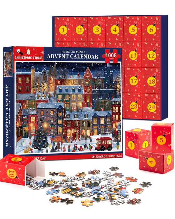 Jigsaw Puzzle Advent Calendar 2024 for Adult Kids-24 Box Christmas Countdown Calendar Family Puzzle Game,Christmas Street,1008 Piece,19.7 inches x 27.6 inch