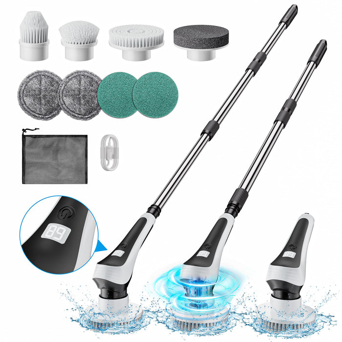 Electric Spin Scrubber,Cordless Cleaning Brush with Power Display Screen,IP68 Waterproof Shower Cleaning Brush with 8 Replaceable Brush Heads,Adjustable & Detachable Handle and 2 Adjustable Speeds