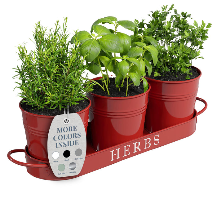 Barnyard Designs Indoor Herb Garden Planter Set with Tray, Metal Windowsill Plant Pots with Drainage for Outdoor or Indoor Plants, Set/3 (Brick Red)