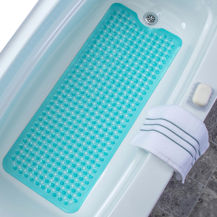 SlipX Solutions Power Grip Extra Long Bath Tub & Shower Mat 39x16, Wet Floor Non-Slip for Elderly & Kids Bathroom, 30% Longer Bathtub Mats, 200 Suction Cups, Drain Holes (1, Clear Aqua)