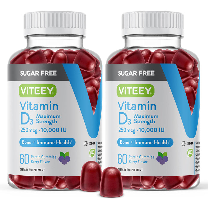 Vitamin D3 Gummies for Adults & Teens -10,000 IU, 250mcg, Maximum Strength - Sugar Free, Bone, Joint & Muscle Health, Immune Boost - Vegetarian, Gelatin Free - Tasty Chewable Berry Flavored Gummy