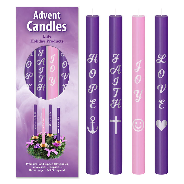 Advent Candles Set of 4 - Premium Printed Script Silver Letters & Pictures – Use with Advent Candle Holders, Advent Wreaths and Advent Rings - Dripless Taper Advent Candle for Christmas Church Décor