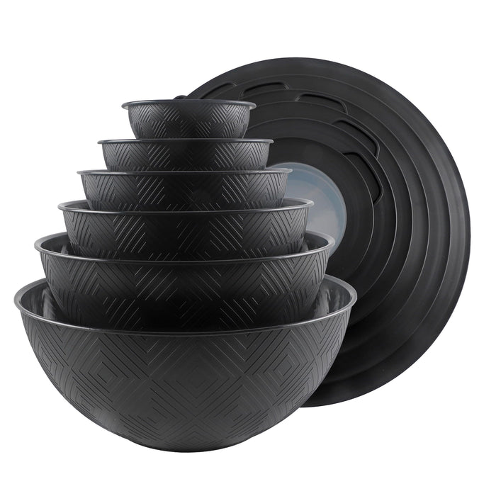 COOK WITH COLOR Mixing Bowls with Lids - 12 Piece Plastic Nesting Bowls Set includes 6 Prep Bowls and 6 Lids, Rhombus Design - Microwave Safe (Black)