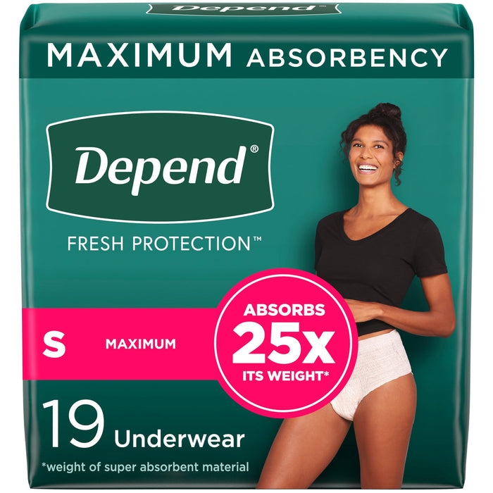 Depend Fresh Protection Adult Incontinence & Postpartum Bladder Leak Underwear for Women, Disposable, Maximum, Small, Blush, 19 Count, Packaging May Vary