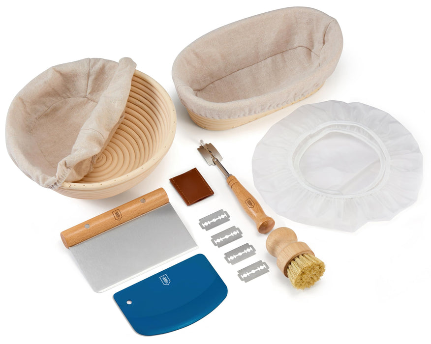 Bread Proofing Set, by Kook, Sourdough Bread, Rattan Baskets and Liners, 1 Round and 1 Oval Banneton Basket, Dough Scrapers, Scoring Lame & Case, 4 Blades, Brush, Plastic Dough Cover, Set of 2