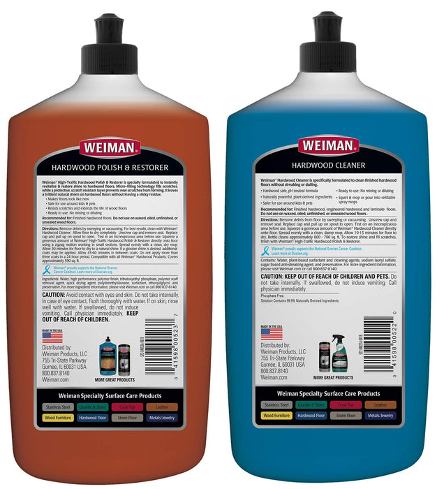 WELMAN Hardwood Floor Cleaner and Polish Restorer Combo - 2 Pack - High-Traffic Hardwood Floor, Natural Shine, Removes Scratches, Leaves Protective Layer