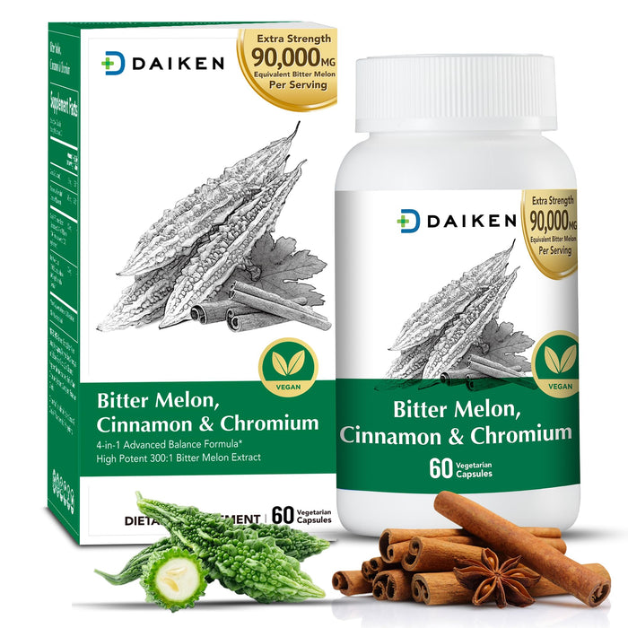 DAIKEN Bitter Melon, Cinnamon & Chromium, 90,000 mg Bitter Melon Equivalent Per Serving Extra Strength, 100% Vegetarian Bitter Melon Capsules with Cinnamon Chromium & Zinc, 60 Capsules