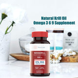 Natural Krill Oil Omega 3 6 9 Supplement, Burpless 60 Red Liquid Softgels, Rich in EPA, DHA, Astaxanthin, No Fishy Aftertaste, 1000mg per 2 Softgels