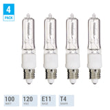 Pack of 4 – 100 Watt JDE11 Halogen candelabra bulb – 100W T4 120V Light Bulbs-Clear Finish -E11 Mini-Candelabra Base T4 Bulb–Dimmable-Warm White– Q100CL/MC, for Chandeliers, Pendants, Cabinet Lighting