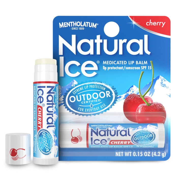 Mentholatum Natural Ice Cherry Flavor Medicated Lip Balm, Hydrating Lip Care for Dry, Chapped Lips, Moisturizing Formula with SPF 15 Helps Prevent Sunburn, Protection for Smooth, Soft Lips (12 pack)