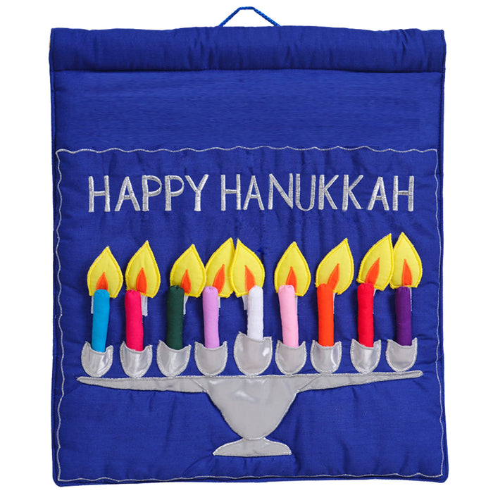 Blue Jewish Happy Hanukkah Menorah Wall Hanging by Pockets of Learning | Festive Hebrew Holiday Décor, Judaica Fabric Advent Calendar | Chanukah Cloth Countdown with Candles and Pouch