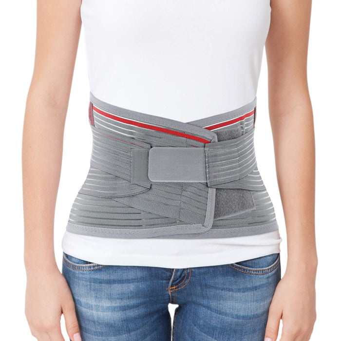ORTONYX Lumbar Support Belt Lumbosacral Back Brace – Ergonomic Design and Breathable Material - lower back pain relief warmer stretcher - L/XXL (Waist 39.7"-47.6") Gray/Red