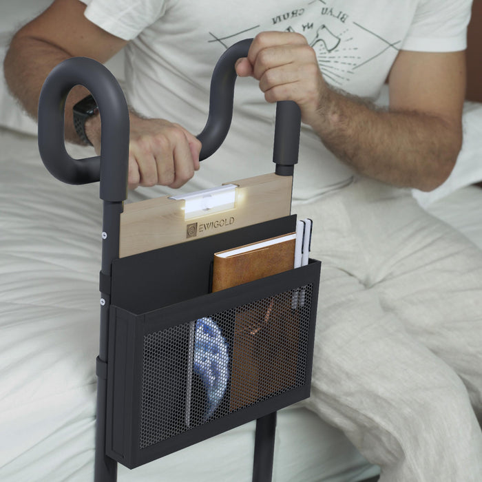 EWIGOLD Bed Rails for Elderly Adults Safety - Bed Assist Rail with Height-Adjustable Handle - Bedside Hand Guard Grab Bar with Motion Light and Storage Pocket - Bedside Assist Bar Fits All Bed Sizes