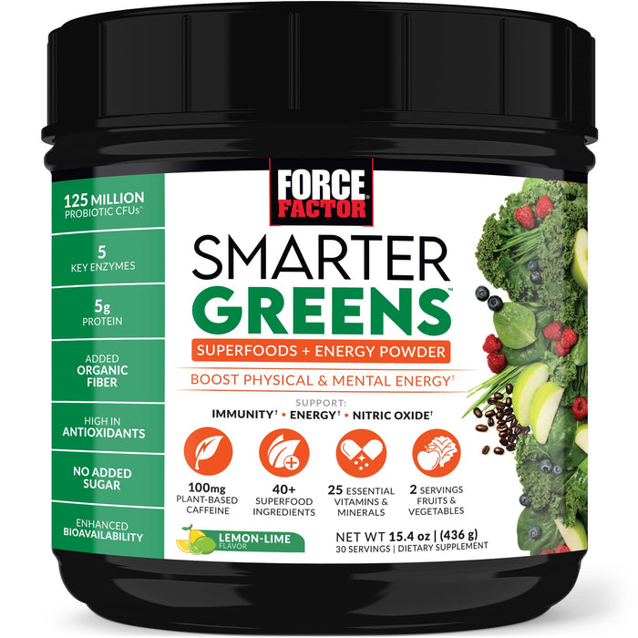 FORCE FACTOR Smarter Greens Superfoods + Energy Powder, Greens Powder with Plant-Based Caffeine, Probiotics, and Digestive Enzymes, Superfood Powder to Boost Energy and Support Immunity, 30 Servings