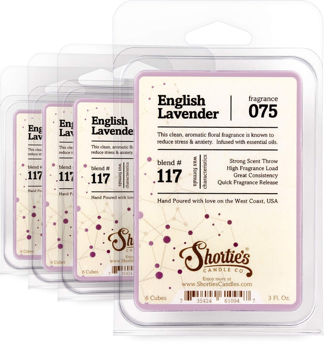 Pure English Lavender Wax Melts Bulk Pack - Formula 117 - 4 Highly Scented 3 Oz. Bars (12 Oz. Total) - Made With Essential & Natural Oils - Flower & Floral Air Freshener Cubes Collection