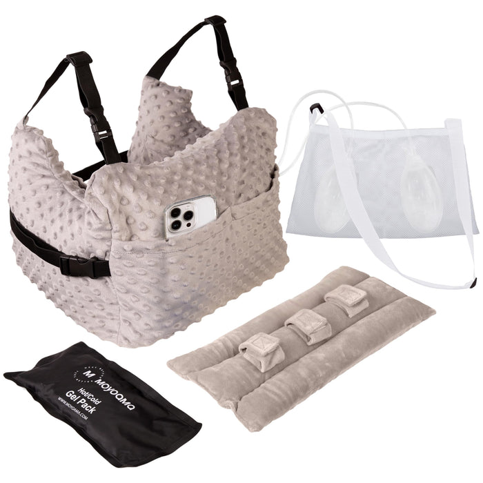 MOYOAMA Bundle Grey Swiss Dots with Shower Bag: Mastectomy Pillow IR Design with Coldpack, Shower Bag, and Seatbelt Pillow