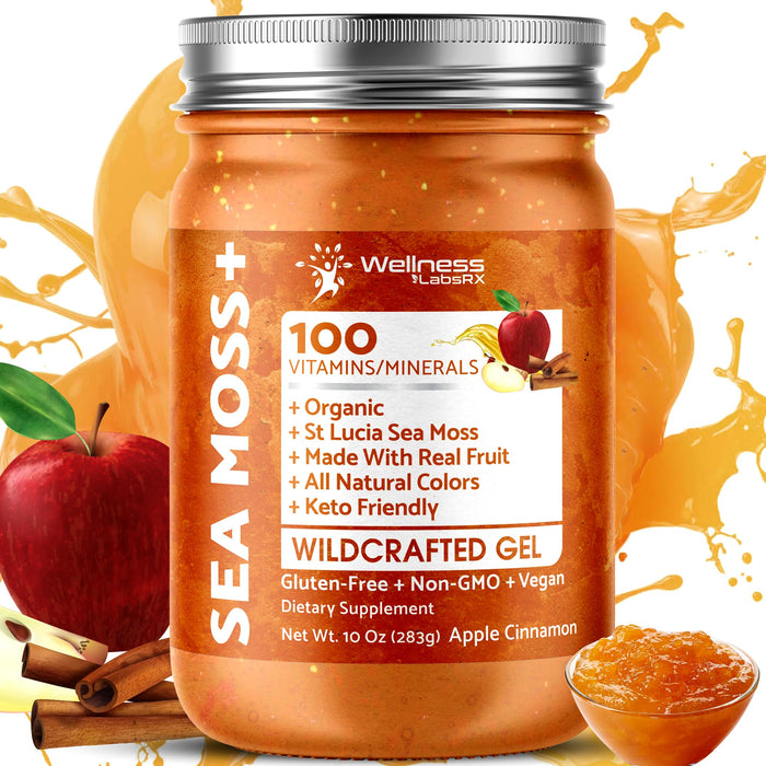 Irish Sea Moss Gel Organic Raw - Apple Cinnamon Flavor, Vitamin and Mineral-Rich - 10 oz.
