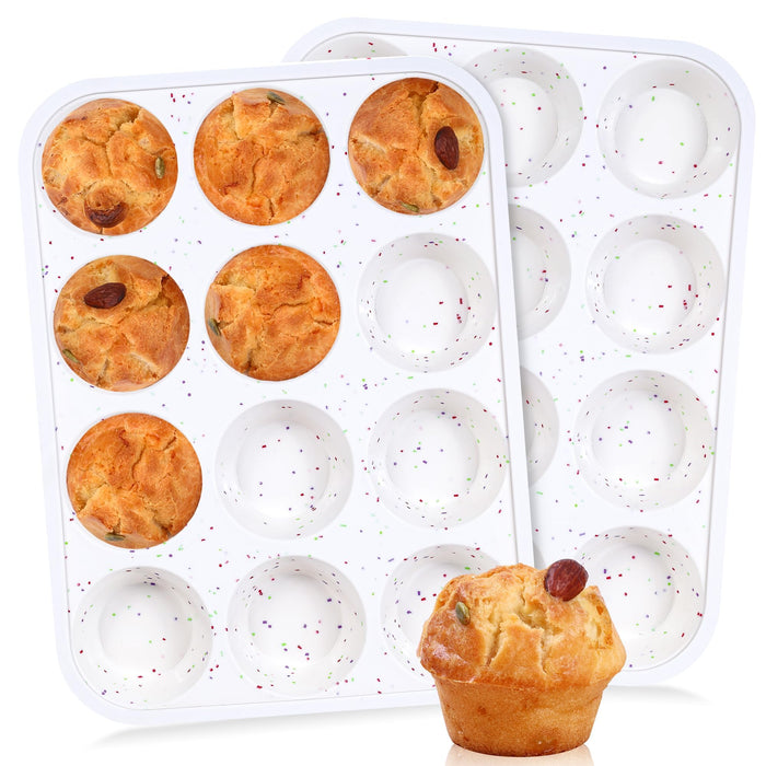 Fimary Muffin Pan - 12 Cups Silicone Muffin Pan Non-Stick Food Grade Silicone Cupcake Pan for Muffins,Tart, BPA Free - Standard Cup Size - Diameter 2.8" Depth 1.2" - Set of 2 Cream With Rainbow Dots