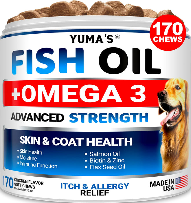 Omega 3 Fish Oil for Dogs - 170 Chews - Skin and Coat Supplement - Omega 3 for Dogs - Dry & Itchy Skin Relief Treatment - Allergy Support - Dog Anti Shedding Treats - Shiny Coats - EPA & DHA - Salmon