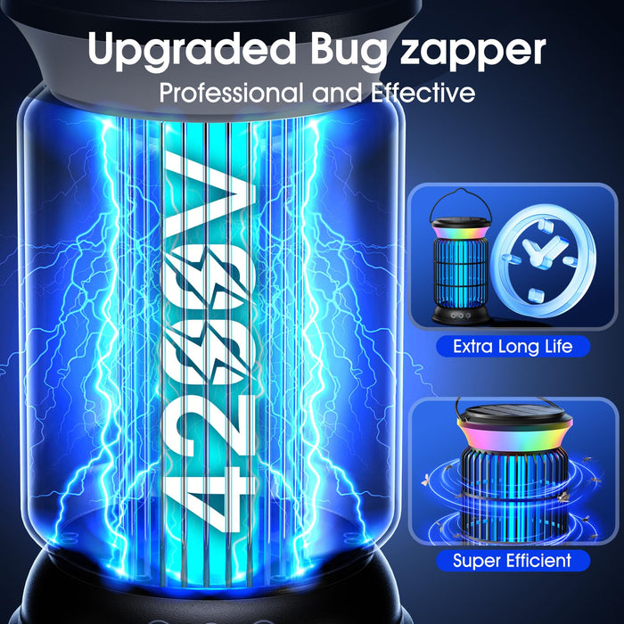 Solar Bug Zapper Outdoor, Cordless Mosquito Zapper, 4000mAh Rechargeable Bug Zapper, Electric Fly Zapper, Smart Auto ON/OFF Insect Zapper with 5 Modes for Outdoor, Patio, Kitchen, Bedroom