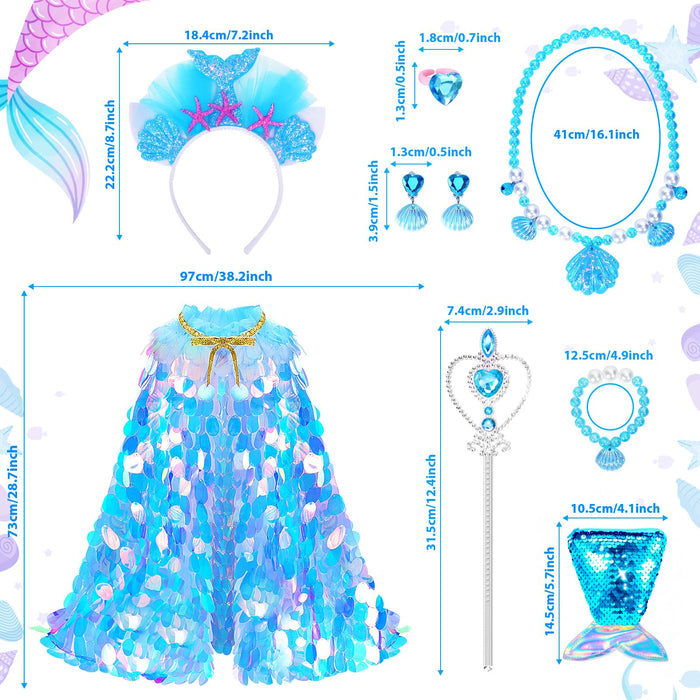 LIMIROLER Princess Dress Up Toys Princess Dress Up Clothes Rainbow Mermaid Cape Kit 9 Pcs Gift Set for Little Girls 3-8 Years Old, Great Gift Set for Birthday Christmas Halloween (Rainbow Blue)