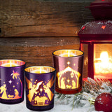 4 Pcs Christmas Advent Votive Candle Holders Nativity Scene Glass Candle Holder Purple and Pink Tealight Candle Holders for Christmas Wedding Church Home Party Dining Table Tray Decor, 4 Styles