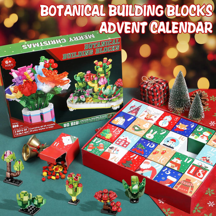 Advent Calendar 2024 for Kids Adults Teens, 24 Days STEM Botanical Building Blocks Christmas Countdown Calendar Gifts Box with 12-in-1 Succulent Flowers Bricks Toy Sets for Boys Girls Women Men Age 6+