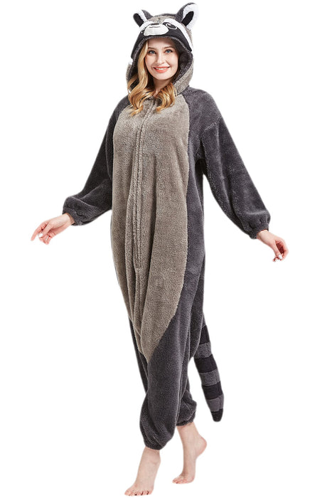 DarkCom Onesie Christmas Pajamas Adult Animal Halloween Costume Cosplay Gray Raccoon One Piece Unisex Homewear Polar Fleece Sleepwear X-Large