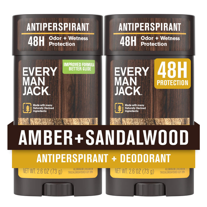 Every Man Jack Men’s Amber + Sandalwood Antiperspirant Deodorant – New & Improved Formula – 48-Hour Odor & Sweat Defense– 2.6 oz (2 Pack)