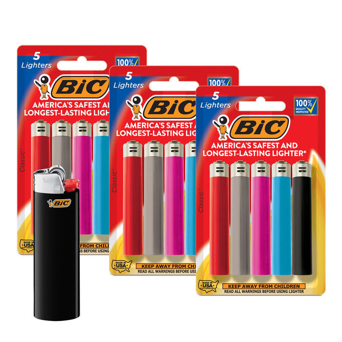 BIC Maxi Pocket Lighters, Long-Lasting, Safe, Assorted Colors, 15-Pack