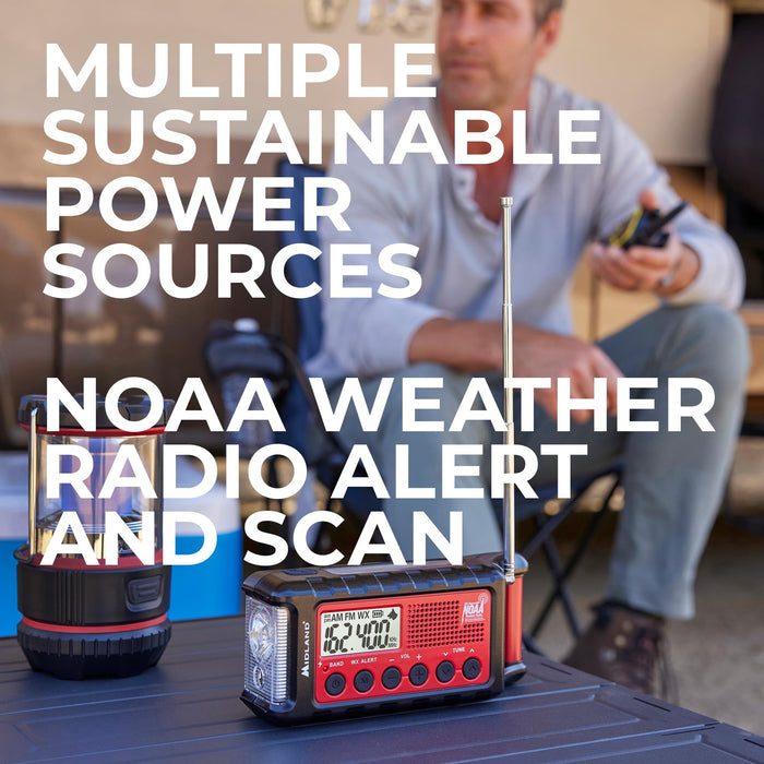 Midland - ER310, Emergency Crank Weather AM/FM Radio - Multiple Power Sources, SOS Emergency Flashlight, Ultrasonic Dog Whistle, & NOAA Weather Scan + Alert (Red/Black)