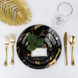 Plasticpro 64 Piece Combo Plates Set includes 32-7'' inch Plates & 32-10'' inch Dinner Plates Black Plastic With Gold Stroke Design Party Plate, Premium heavyweight Elegant, Disposable,