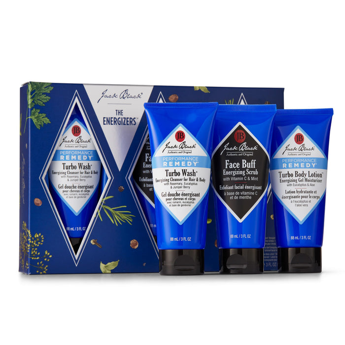 Jack Black The Energizers Gift Set for Men – Turbo Wash Energizing Cleanser, Face Buff Energizing Scrub & Turbo Body Lotion Energizing Gel Moisturizer – Men’s Body Wash Set, Hydrating Skincare Kit