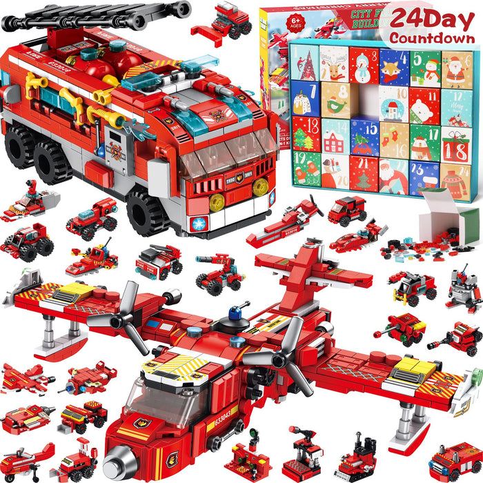 Kids Advent Calendar 2024 for Boys, 24 Days Christmas STEM Fire Rescue Building Blocks Countdown Calendar Gifts Box with 12-in-1 Construction Plane Truck Bricks Toys Set for Kids Teen Girl Boy Age 6+