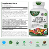 Organic Superfood Greens Fruits and Veggies Complex with Ashwagandha - 2 in 1 Supplement with 14 Greens and 14 Fruits & Vegetables with Organic Ashwagandha Rich in Antioxidants - Non-GMO 90 Tablets