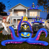 MICOCAH 8 FT Octopus Halloween Inflatables Outdoor Decoration with Pirate Hat Holding Up Pumpkin Halloween Blow Up Decorations Built-in LED Lights Holiday Party Indoor Garden Lawn Yard Decor