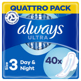 Always Ultra Night Sanitary Towels with Wings, Size 3, 40 Instant Dry Towels (10 x 4 Packs), QUATTRO PACK, Odour Neutraliser, Absorbent Core