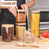 ComSaf Food Storage Containers with Airtight Bamboo Lids Set of 5, Clear Glass Canister Food Jar with Sealing Lid Kitchen Pantry Storage Container for Spaghetti Pasta Sugar Flour Cereal Beans, Square