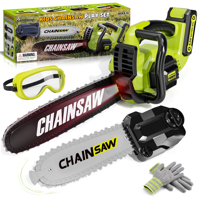 Pandapop Kids Gardening Tools Set, 2 in 1 Toy Chainsaw with Realistic Sound