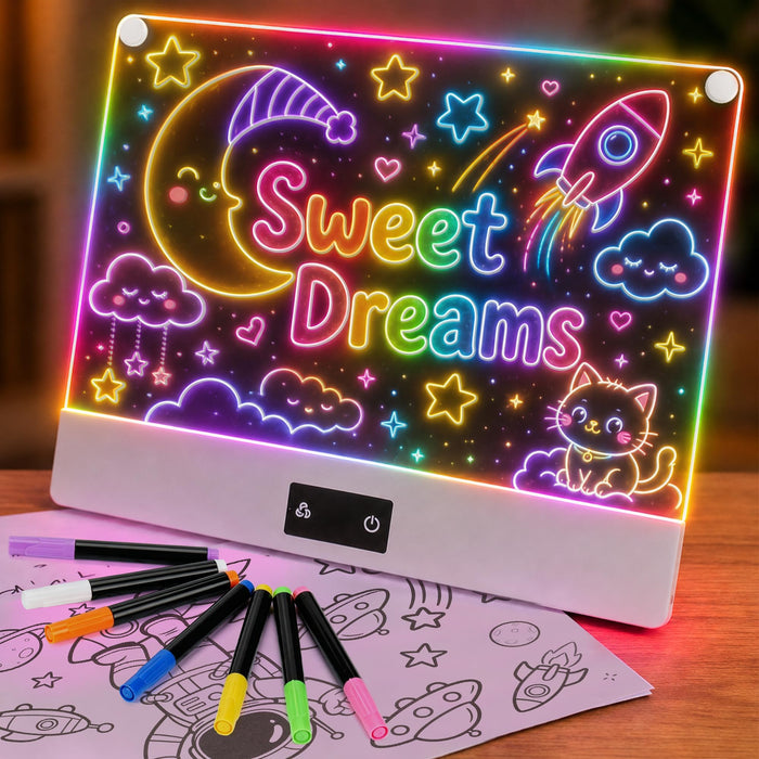 LED Drawing Board for Kid - Rechargeable 14" Doodle Glow Neon Art Note Boards, Holiday Birthday Gifts Toy for Kids Girls Boys Teens, Light Up Acrylic Dry Erase Message Note Writing Pad with 7 Markers